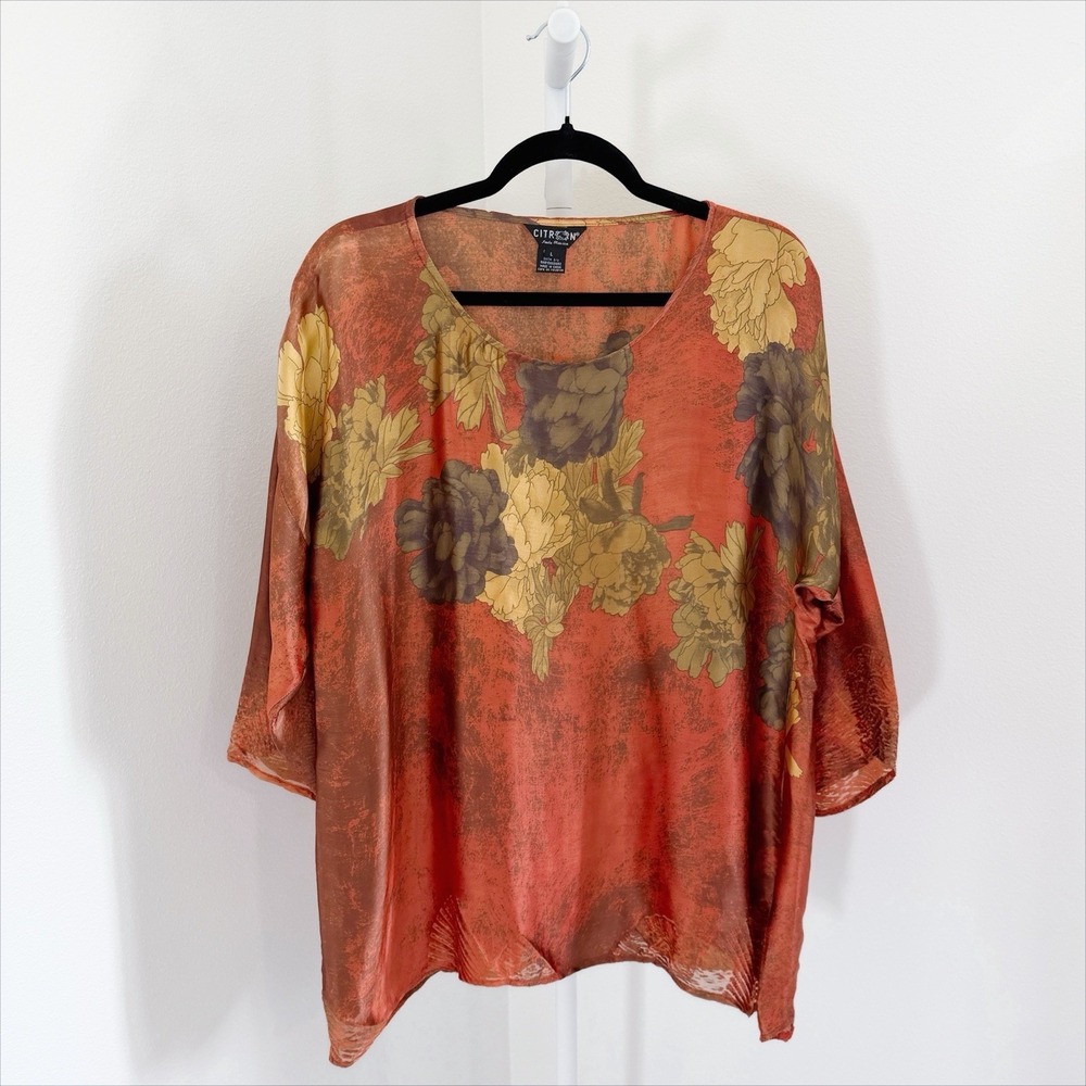 Citron Santa Monica Top Womens Large Floral Silk Burnout Flowy Lagenlook Artsy